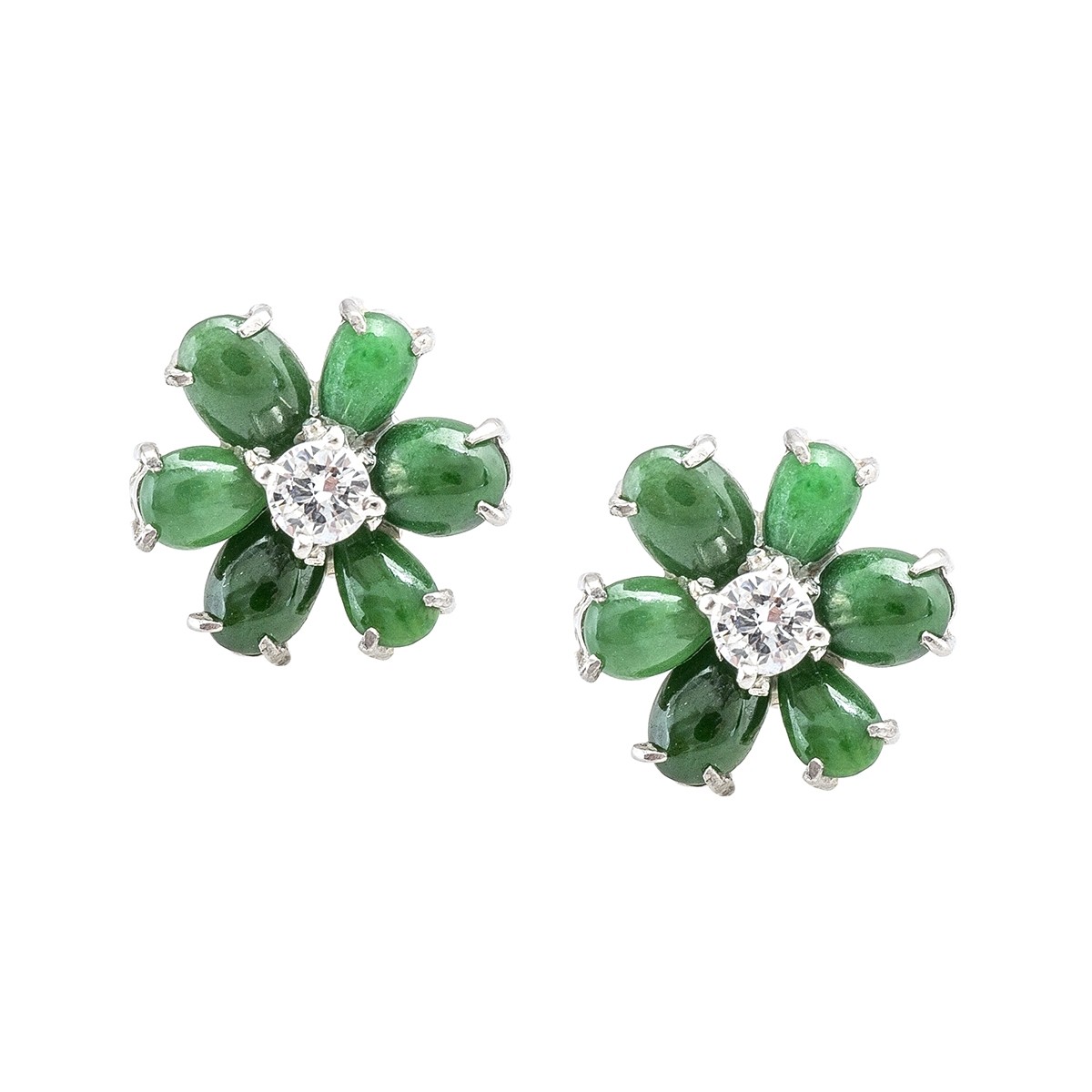  jade flower stud earrings with diamonds in the center