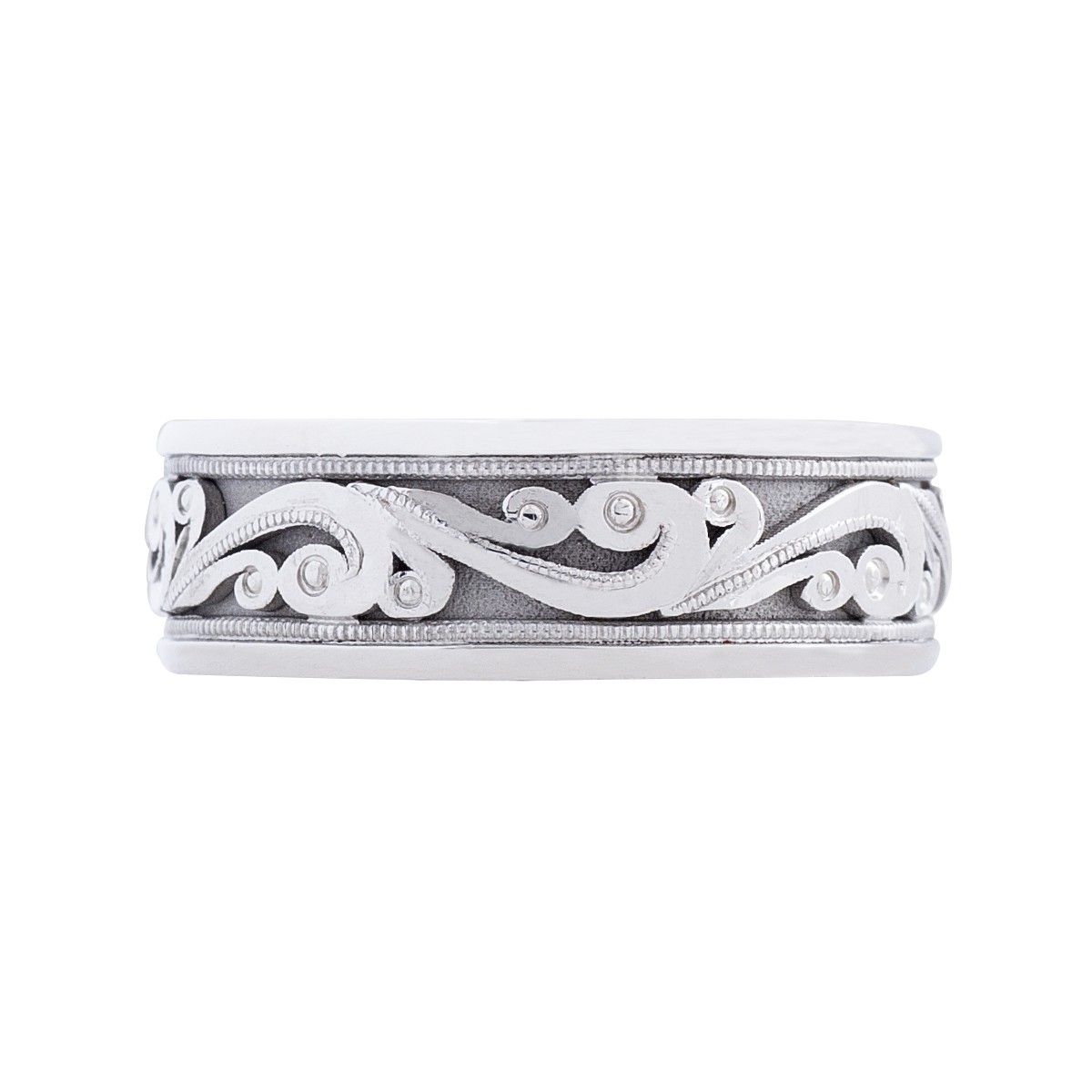 a white gold scroll engraved milgrain ring 