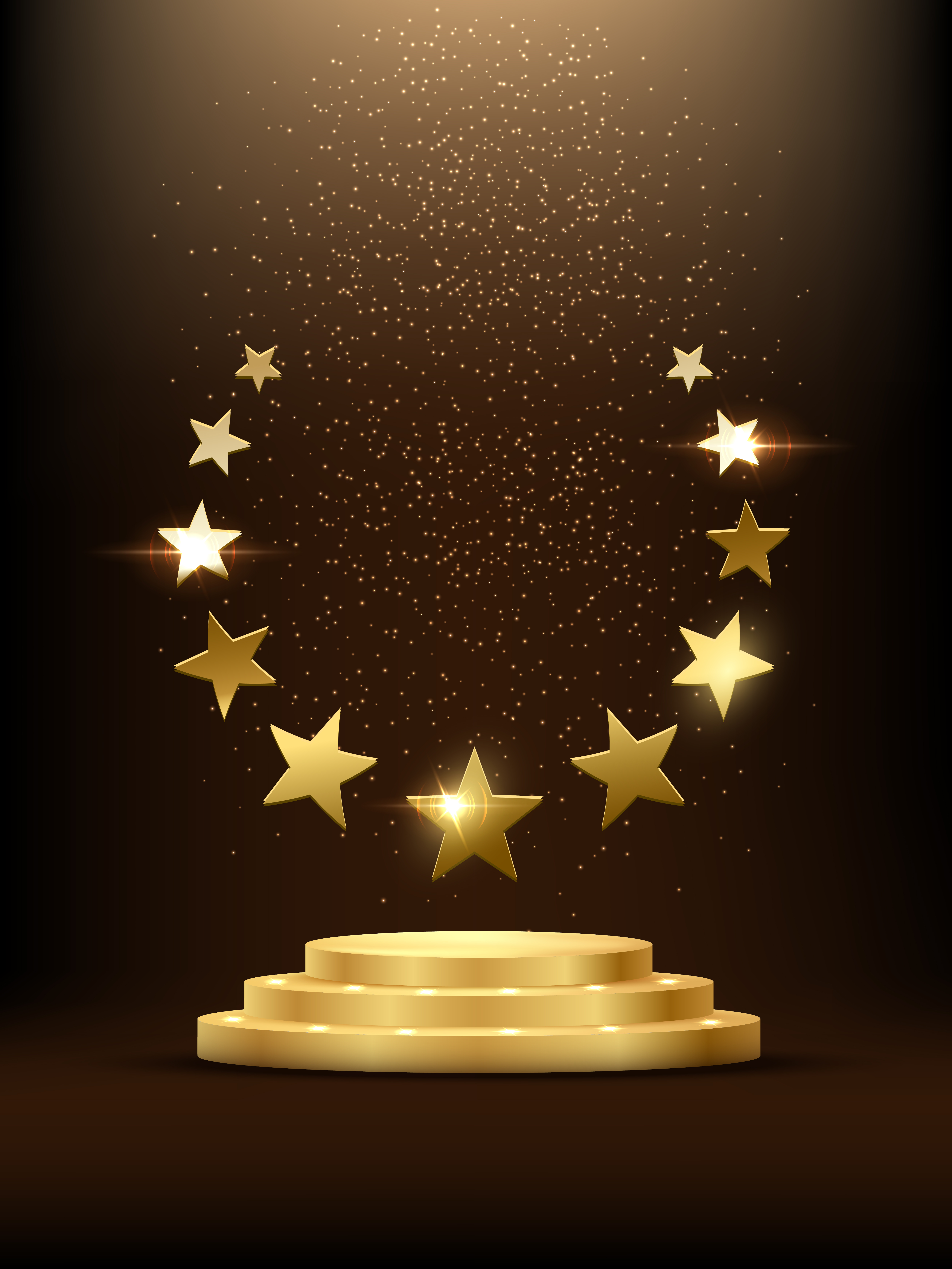 a podium with a horseshoe of golden stars above it, with a mist of sparkly dust above that